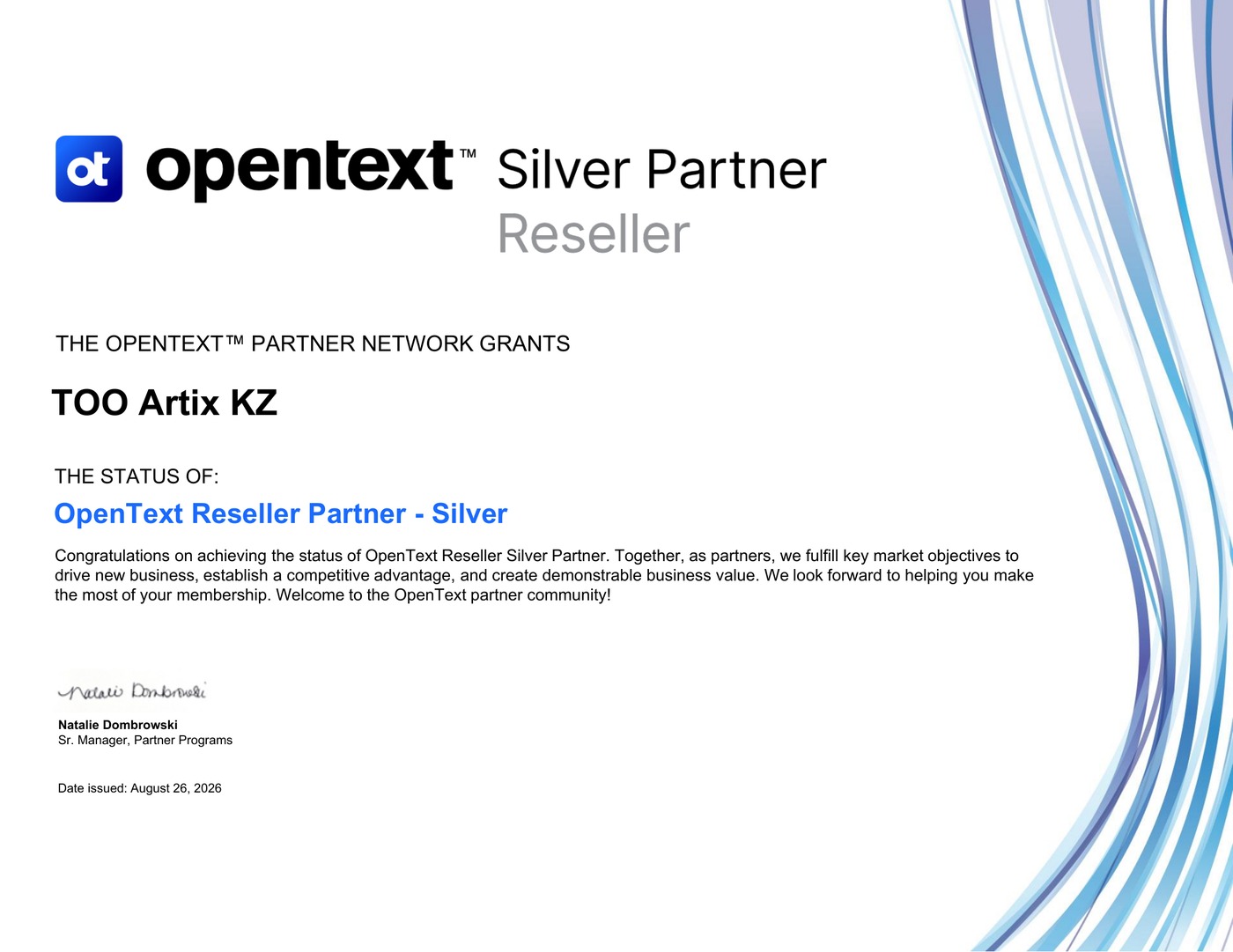 OpenText Reseller Partner Silver Certificate